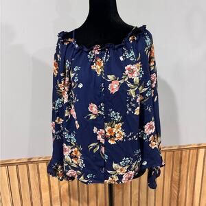 Navy Floral Off-Shoulder Blouse Plus Size 2X
